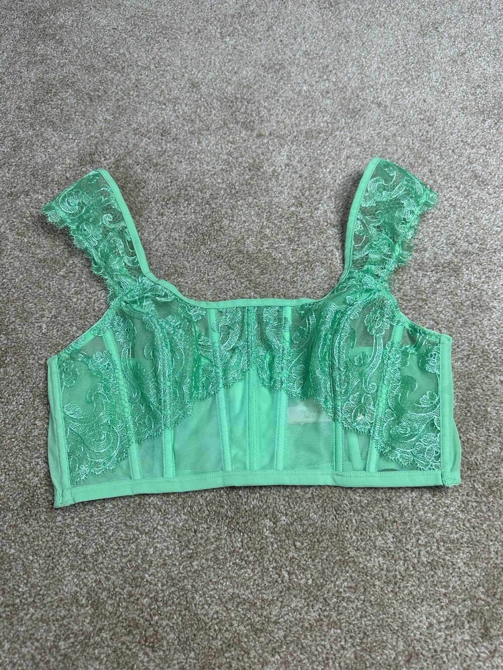 Victoria's Secret Boho Floral Green Embroidery Cap-Sleeve Corset Top Size Large